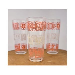 Vintage Tall Drinking Glasses Barware Mid Century 1960 Floral Leaf Pink Set Of 3